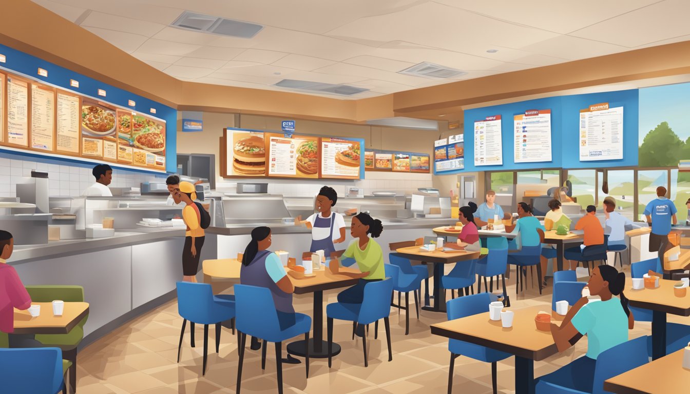 A bustling IHOP restaurant with a diverse menu displayed on overhead boards. Customers enjoy breakfast items while staff work efficiently behind the counter