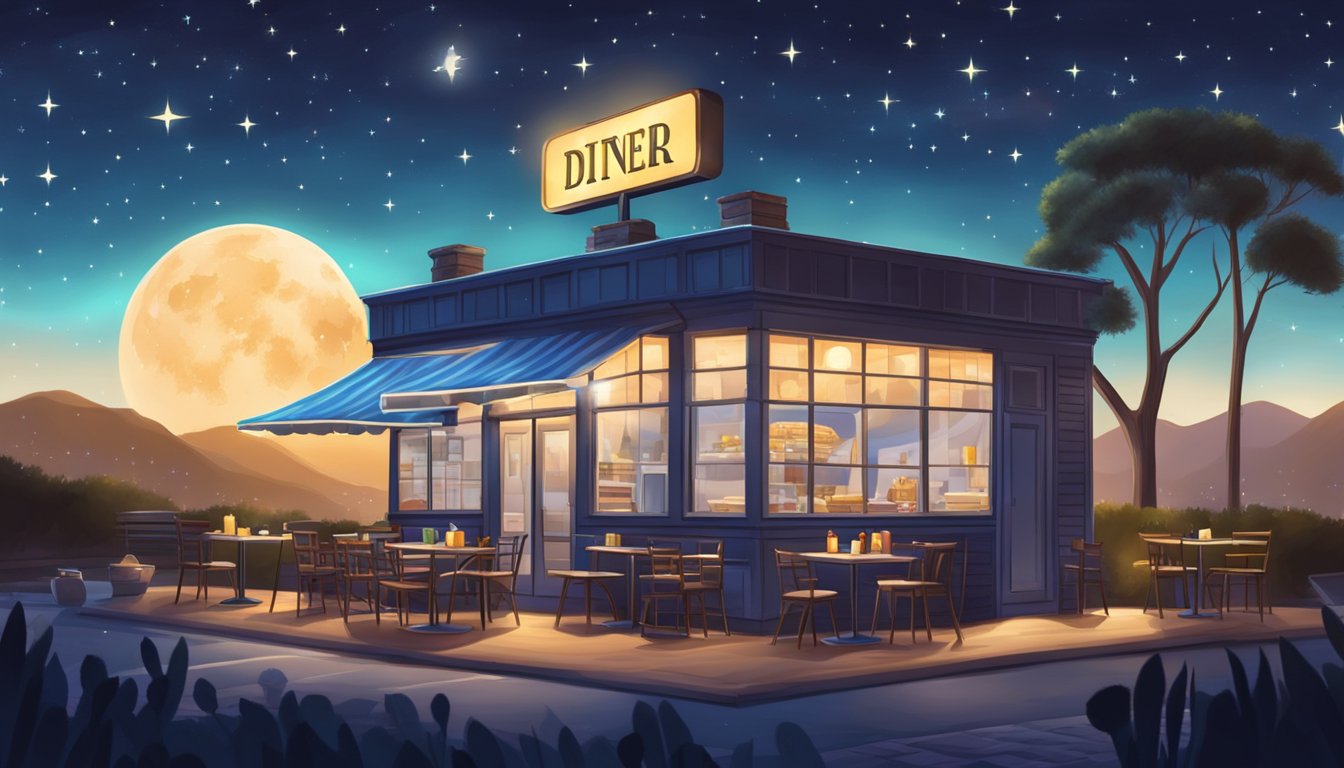 A cozy diner with a glowing sign, serving breakfast items under a starry night sky