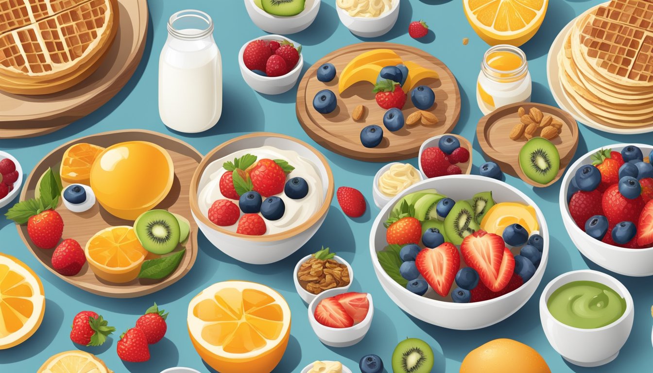 A breakfast table with a variety of add-ons and sides, such as fresh fruits, yogurt, granola, and a selection of spreads and condiments