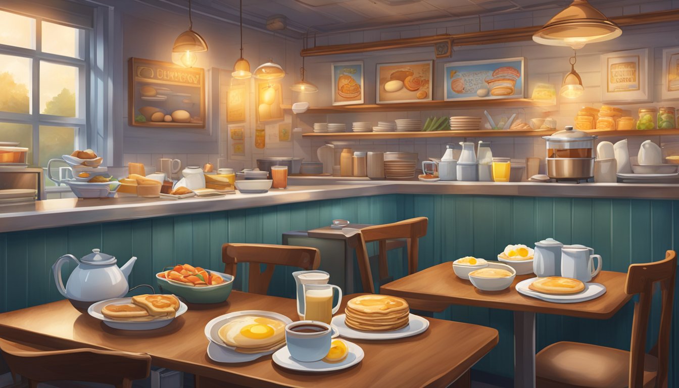 A cozy diner with steaming plates of pancakes and eggs, a glowing "24/7" sign, and a variety of breakfast items on display