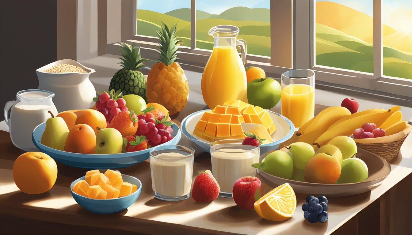 A colorful array of fresh fruits, whole grains, and dairy products arranged on a breakfast table. Sunlight streaming through a window adds warmth to the scene