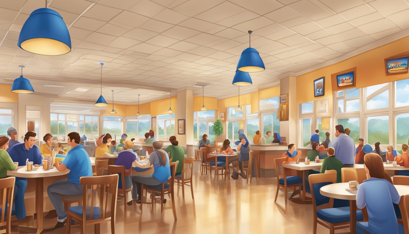 A bustling IHOP restaurant with a welcoming atmosphere, filled with satisfied customers enjoying their meals at competitively priced tables