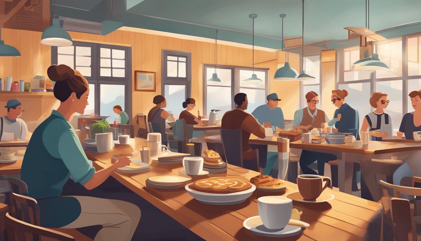 A bustling morning diner with steaming coffee, sizzling bacon, and freshly baked pastries. Patrons chat and laugh, creating a warm and inviting atmosphere