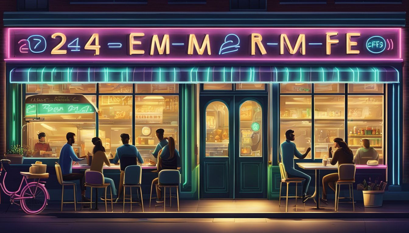 A bustling diner at night, with neon signs advertising "24/7 Morning Menu" and "Customization and Special Offers Breakfast After Dark" on the window