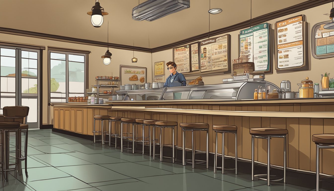 A cozy diner with dim lighting, a counter lined with stools, and a menu board displaying breakfast options. A server stands behind the counter, ready to take orders