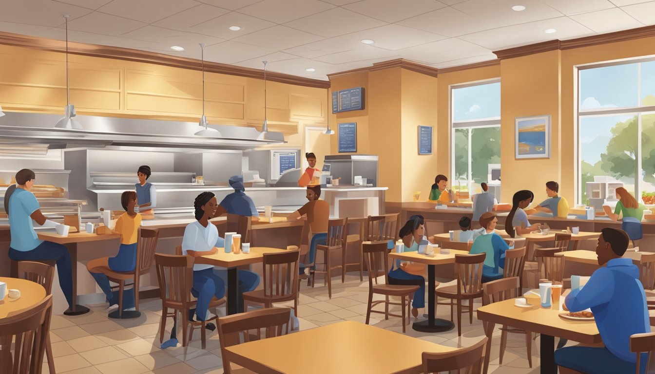 A bustling IHOP restaurant with a warm, inviting atmosphere. Customers enjoy a delicious breakfast while staff members work efficiently to provide excellent service