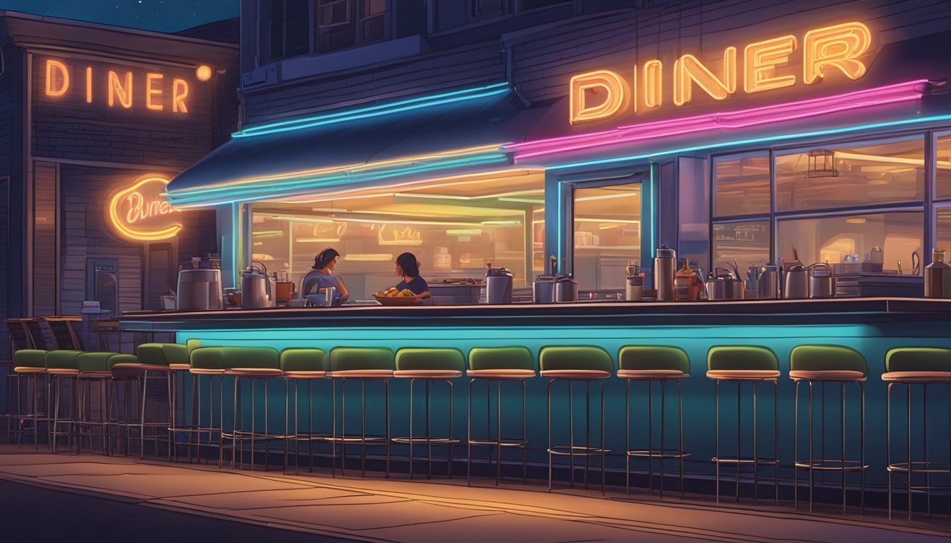 A diner at night with a glowing neon sign, a counter lined with stools, and a menu board featuring breakfast items