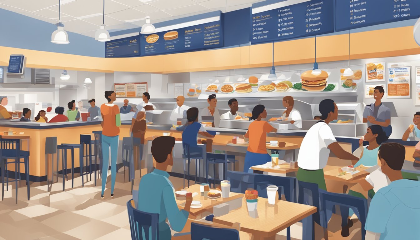 A bustling IHOP restaurant with a diverse crowd enjoying breakfast. A menu board displays competitive prices while staff efficiently serve customers