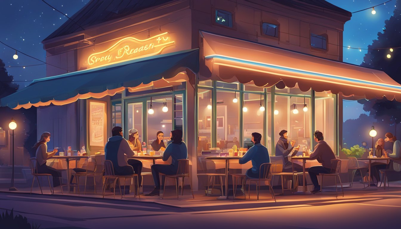 A cozy diner with a neon sign, serving breakfast items in the evening. An outdoor patio with string lights and a few customers enjoying their meals