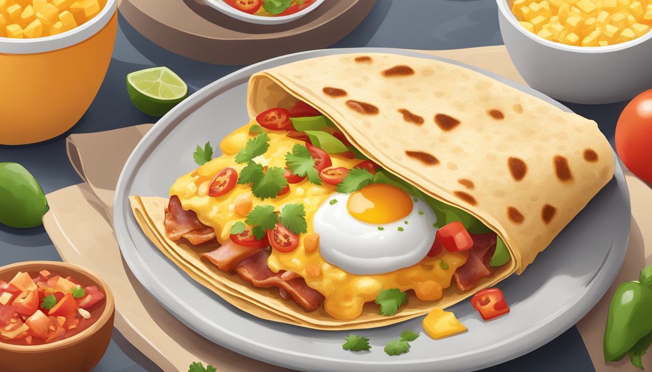 A sizzling breakfast burrito with eggs, cheese, and bacon, wrapped in a warm tortilla, surrounded by a scattering of vibrant salsa and diced tomatoes