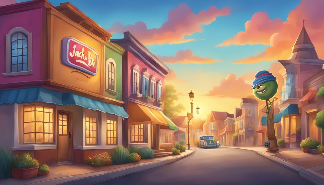 A colorful sunrise over a quaint town, with a whimsical Jack in the Box mascot standing tall, smiling, and welcoming the day