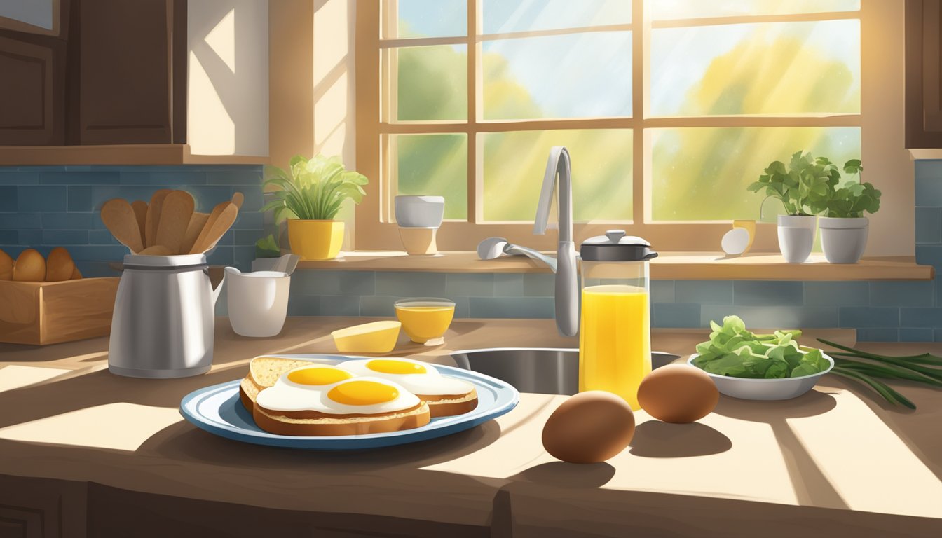 A kitchen counter with ingredients for an egg sandwich: eggs, bread, cheese, and a skillet. Sunlight streams in through a window