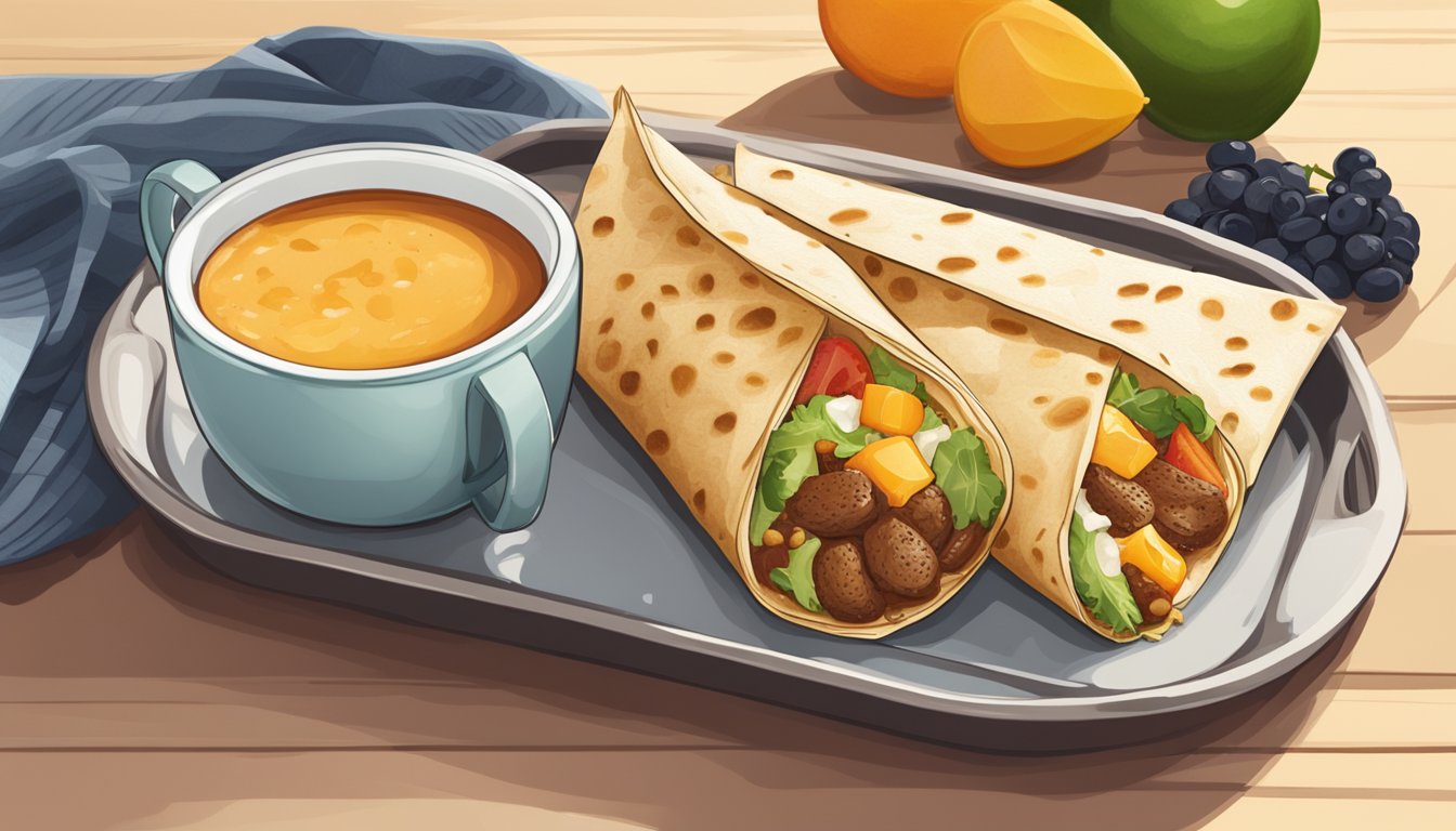 A sizzling breakfast burrito nestled in a warm tortilla, surrounded by a steaming cup of coffee and a side of fresh fruit on a stylish serving tray