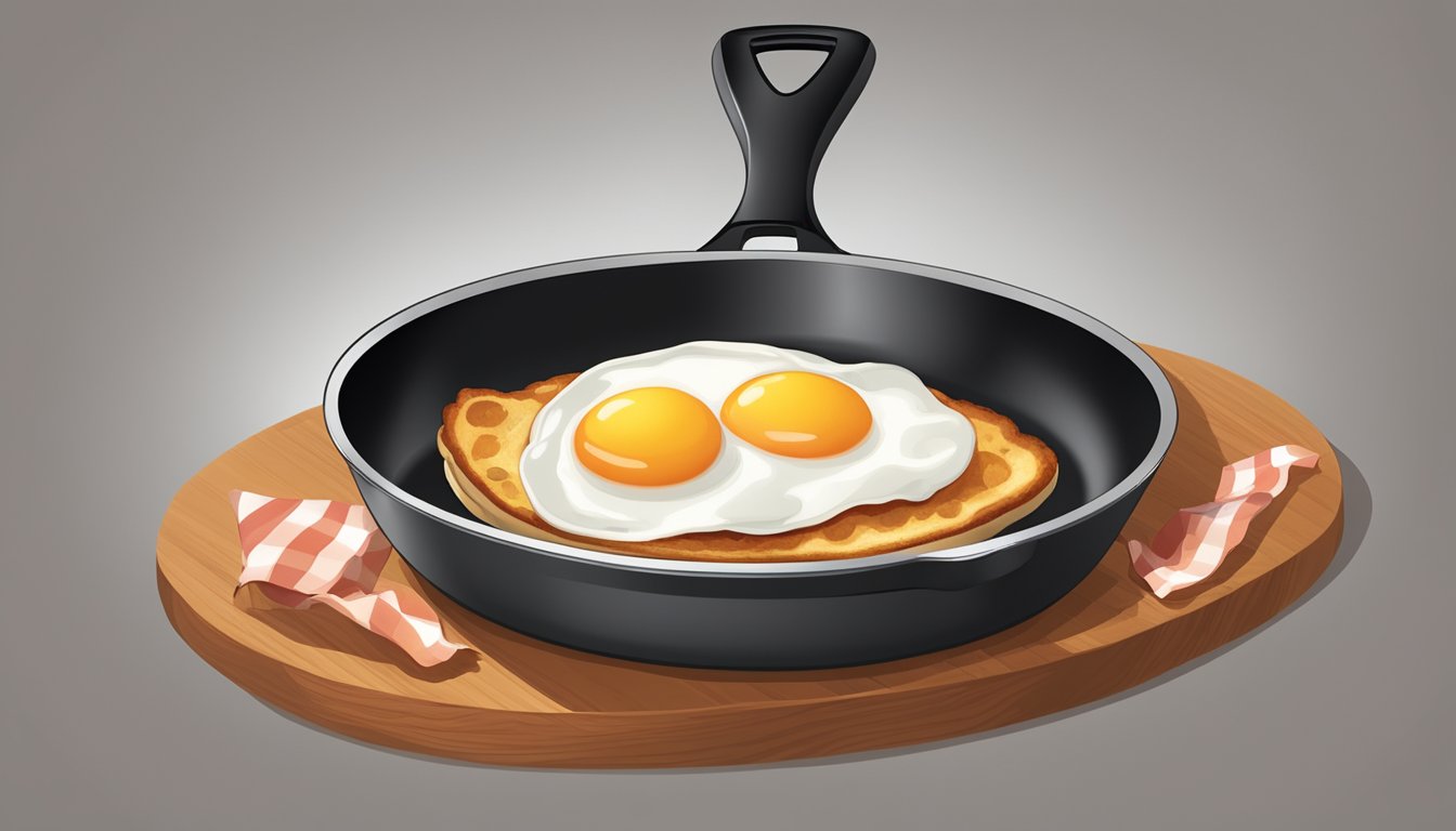 A frying pan sizzling with a cracked egg, a slice of sizzling bacon, and a toasted English muffin