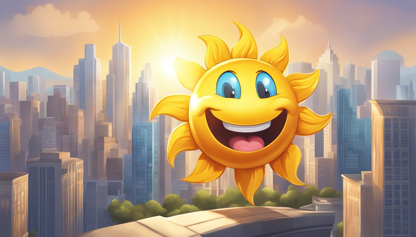 A cheerful sun mascot rises over a city skyline, beaming down on people starting their day