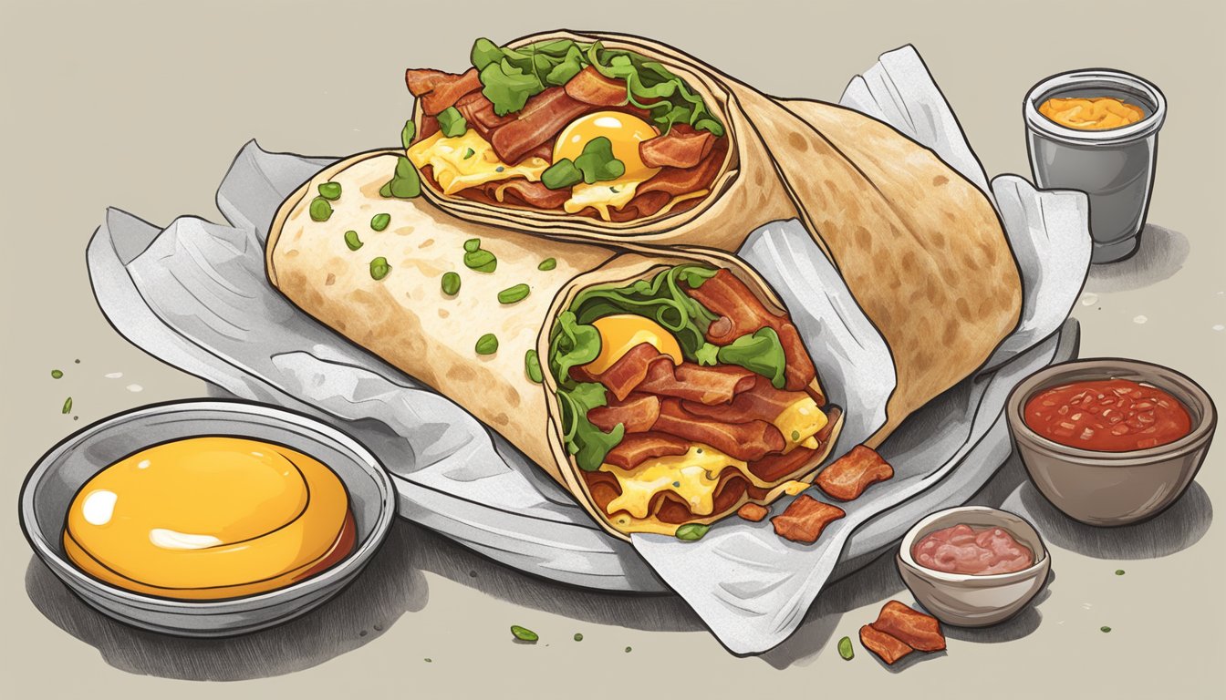 A sizzling breakfast burrito surrounded by steam, with eggs, bacon, cheese, and salsa spilling out, ready to be devoured