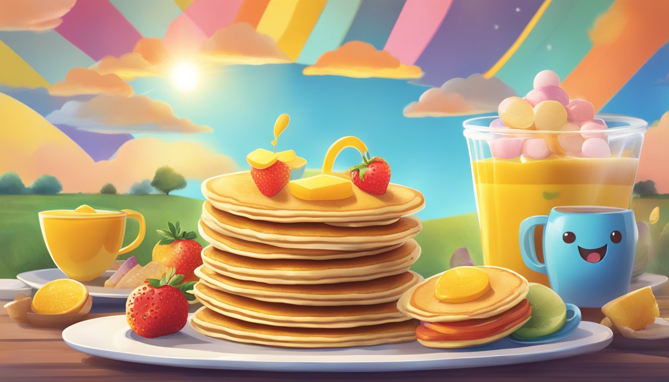 A smiling sun rises over a field of colorful breakfast items, with a playful jack-in-the-box mascot peeking out from behind a stack of pancakes