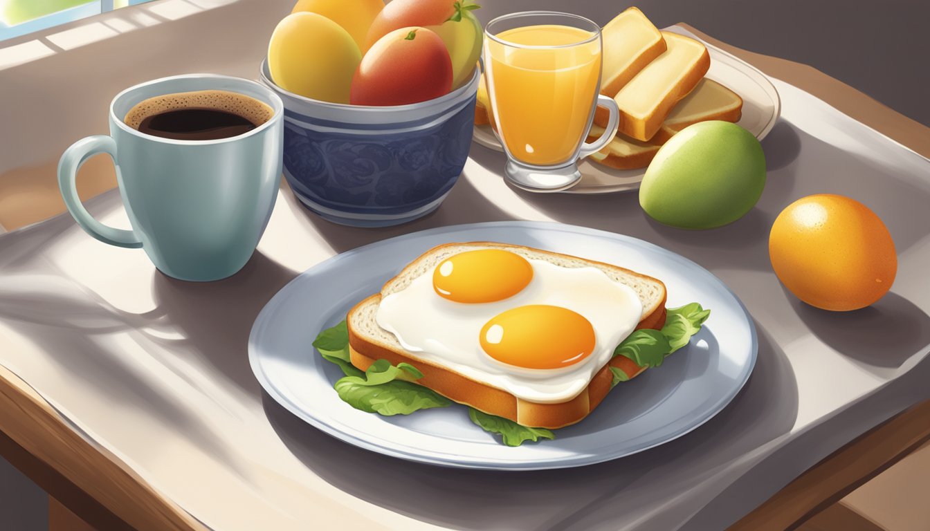 A sunny kitchen table with a plate holding a perfectly assembled egg sandwich, a side of fresh fruit, and a steaming cup of coffee