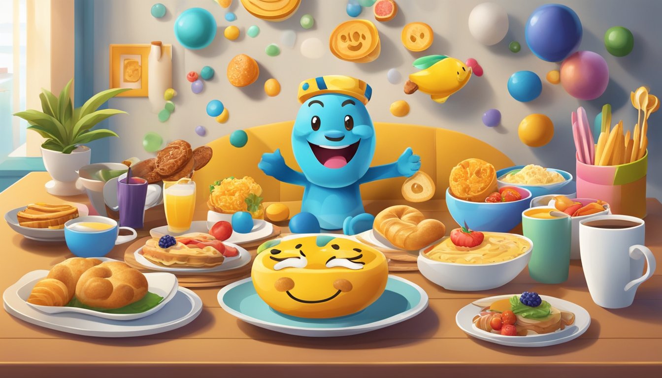 A colorful, cheerful mascot sits on a breakfast table surrounded by cultural symbols and happy faces