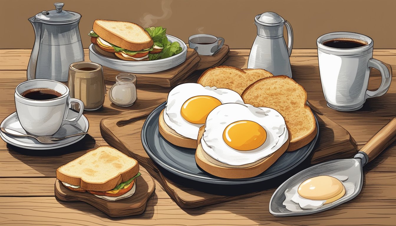 A rustic kitchen counter with a plate holding a perfectly assembled egg sandwich, surrounded by scattered ingredients and a steaming cup of coffee