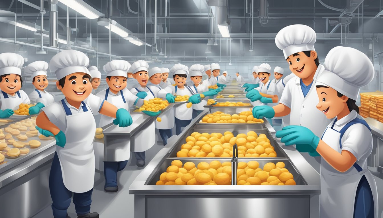 A cheerful cartoon mascot oversees a bustling food production line, surrounded by workers in hairnets and gloves. The factory is clean and modern, with a focus on safety and quality