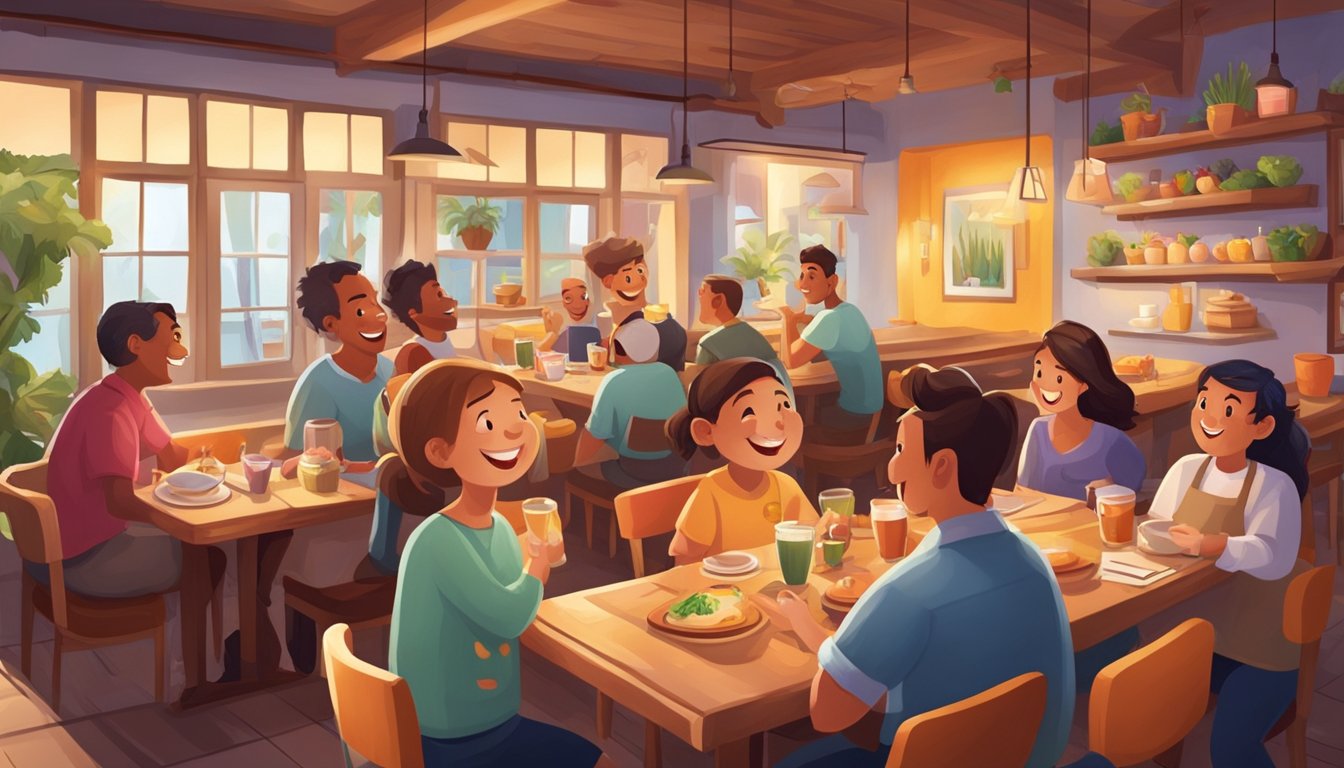 A cozy restaurant with a cheerful mascot adorning the walls, surrounded by happy customers enjoying their meals