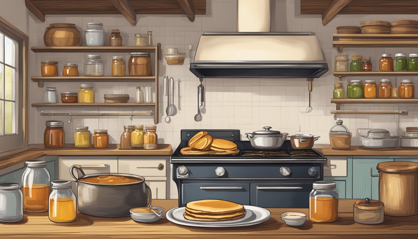 A rustic kitchen with a vintage griddle sizzling with golden pancakes, surrounded by jars of homemade preserves and a pitcher of maple syrup