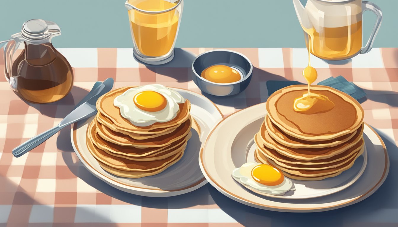 A stack of pancakes with syrup and butter, accompanied by bacon and eggs, sit on a vintage diner-style plate