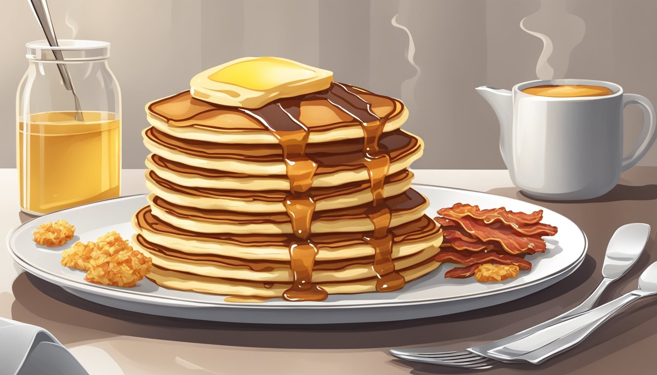 A stack of fluffy pancakes topped with syrup and butter, surrounded by crispy bacon and golden hash browns on a white plate