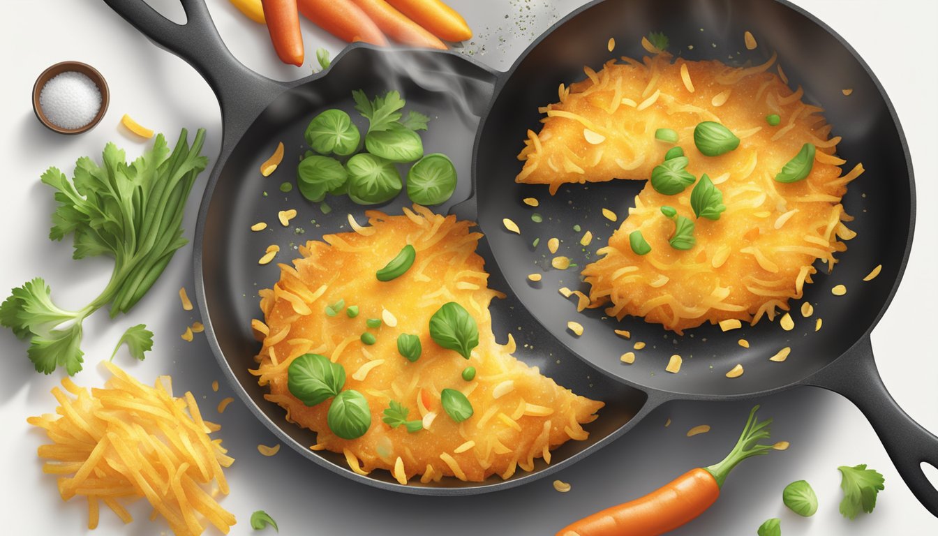 A sizzling skillet holds golden hash browns with steam rising. A scattering of colorful vegetables and a sprinkle of seasoning add flavor and nutrition