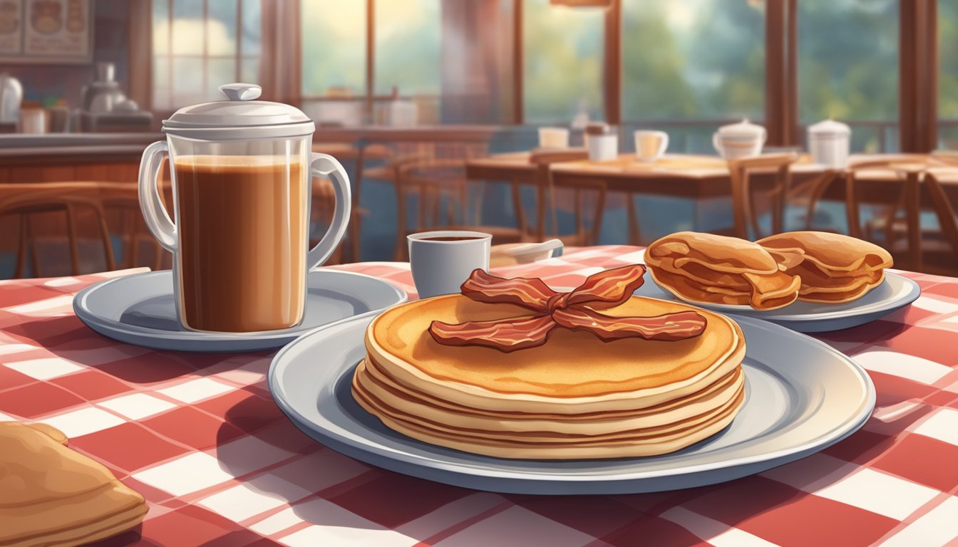 A cozy diner with steaming coffee, sizzling bacon, and fluffy pancakes on a checkered tablecloth