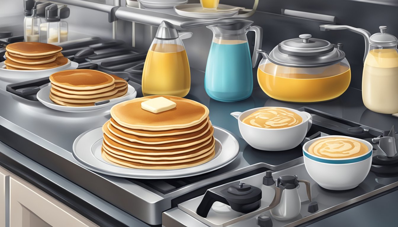 A bustling diner kitchen with modern cooking equipment and a stack of fluffy pancakes on a platter