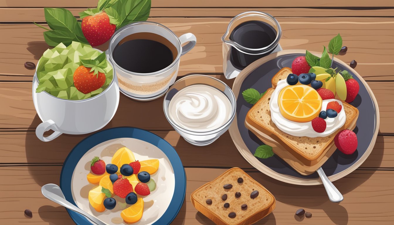 A steaming cup of coffee surrounded by fresh fruits, whole grain toast, and a yogurt parfait on a wooden breakfast table