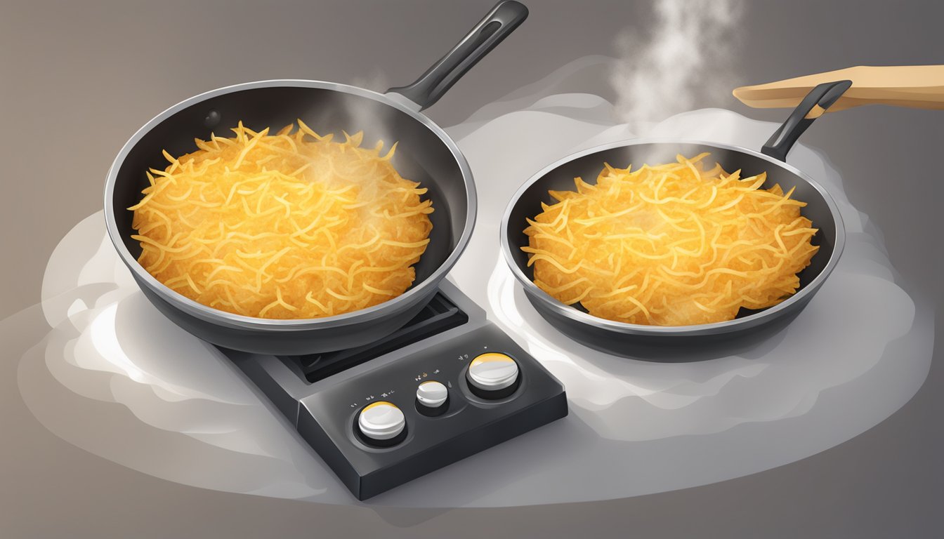 A sizzling skillet of golden hash browns being flipped with a spatula, steam rising from the crispy edges