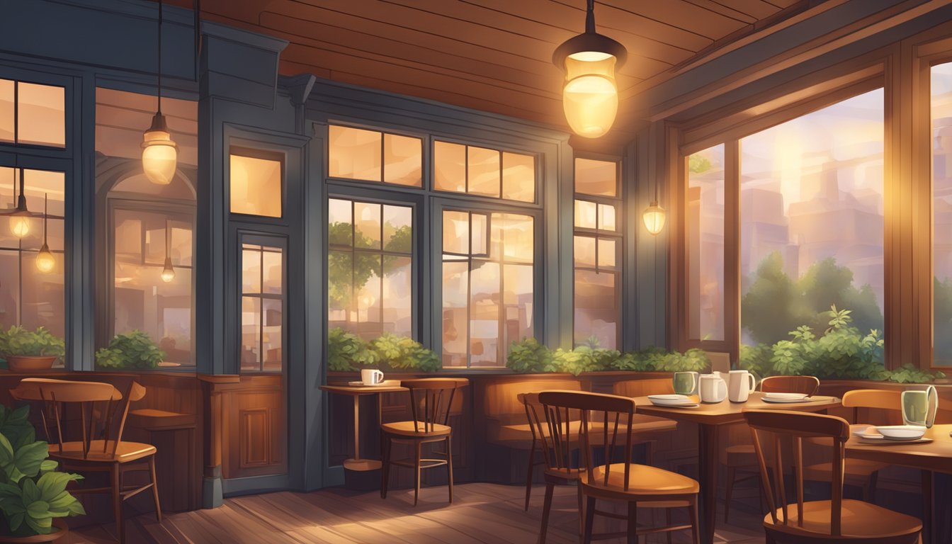 A cozy cafe with steaming coffee cups, warm lighting, and a welcoming atmosphere