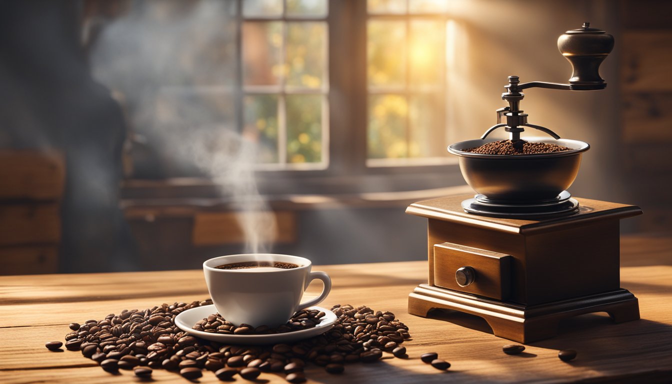 A steaming cup of coffee sits on a rustic wooden table, surrounded by a scattering of coffee beans and a vintage coffee grinder. Sunlight streams in through a nearby window, casting a warm glow over the scene