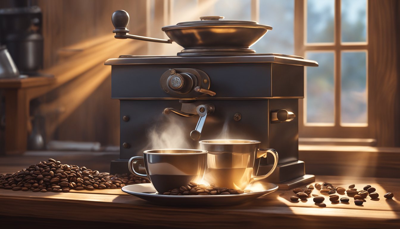 A steaming cup of coffee sits on a rustic wooden table, surrounded by a scattering of coffee beans and a vintage coffee grinder. Sunlight streams through a nearby window, casting a warm glow on the scene