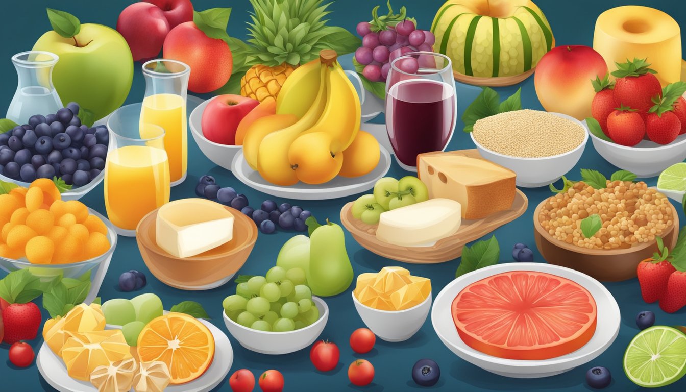 A table set with a colorful array of fruits, grains, and dairy products, with a variety of dietary options to accommodate different needs