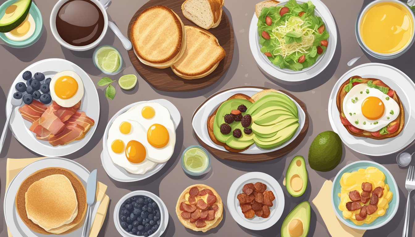 A table set with a variety of breakfast dishes, from classic eggs and bacon to modern avocado toast and acai bowls