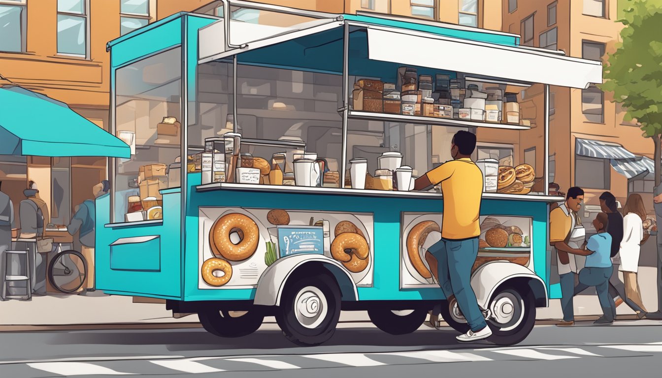 A man grabs a coffee and a bagel from a food cart on a busy city street