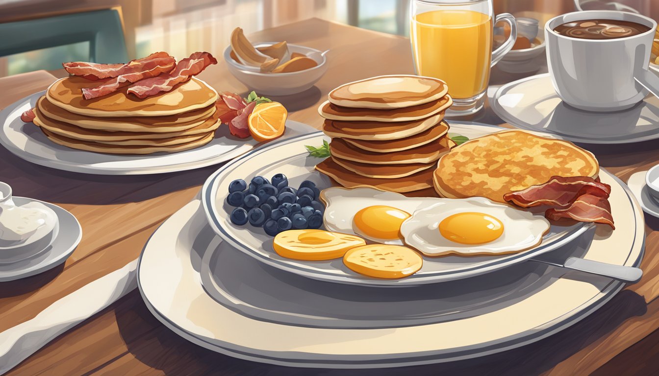 A table set with a variety of breakfast items, including pancakes, eggs, bacon, and fruit, with the Jack's logo in the background