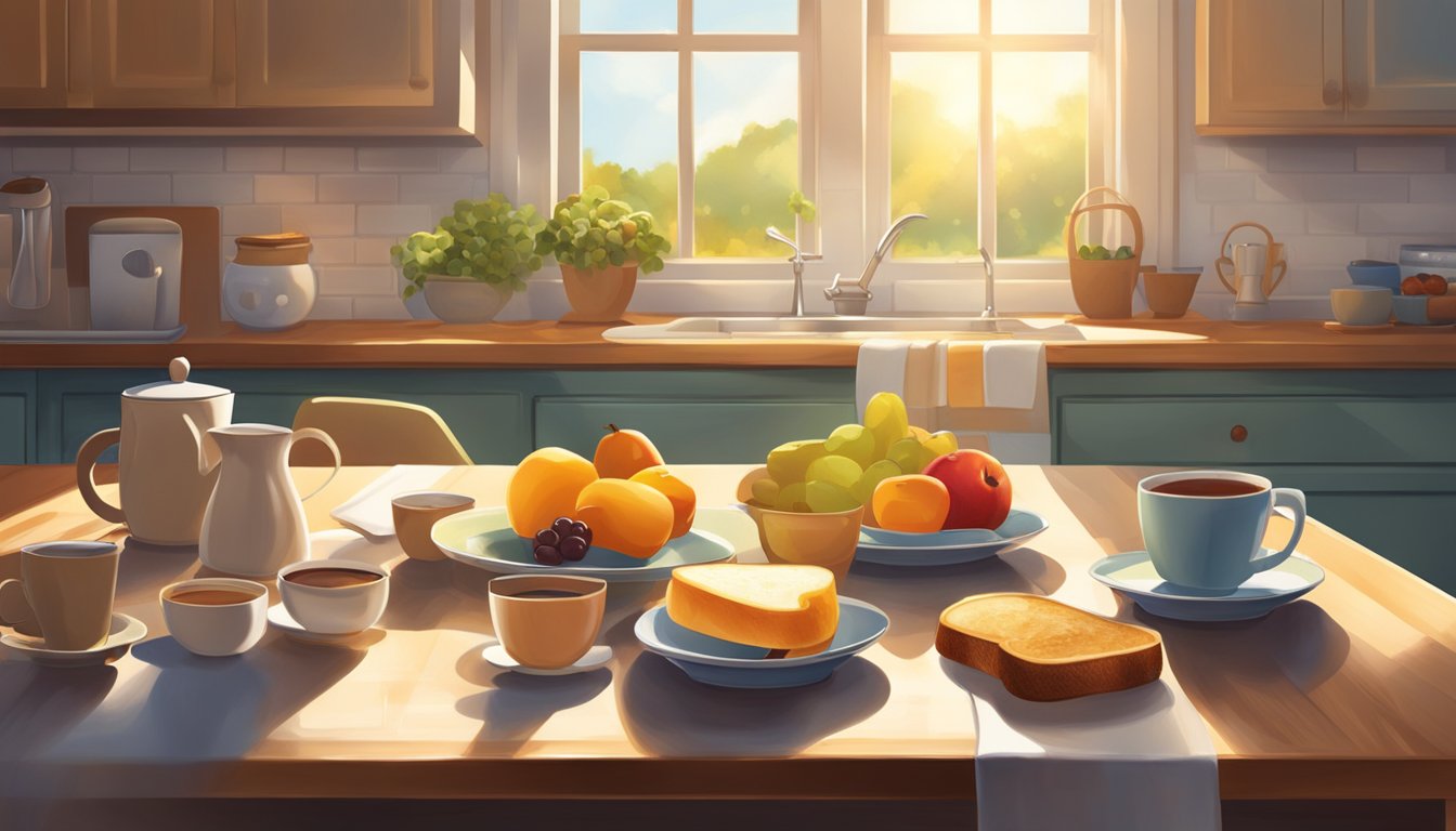 A cozy kitchen table set with a simple breakfast spread of coffee, toast, and fruit. Sunlight streams through the window, casting a warm glow