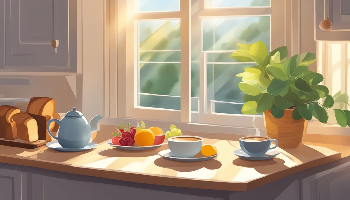 A cozy kitchen with a small table set for breakfast. A pot of coffee steams next to a plate of toast and a bowl of fruit. Sunlight streams in through the window