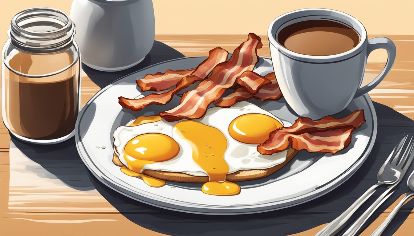 A sunny breakfast table with a plate of eggs and bacon drizzled with Jack's Breakfast Sauce, a steaming mug of coffee, and a jar of the condiment