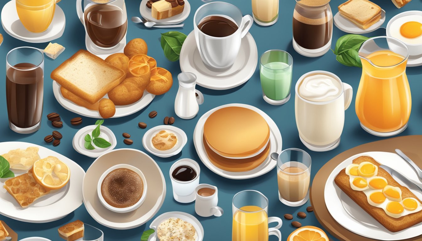 A table with a variety of breakfast beverages and add-ons, such as coffee, tea, milk, cream, sugar, and flavored syrups, displayed in an organized and appealing manner