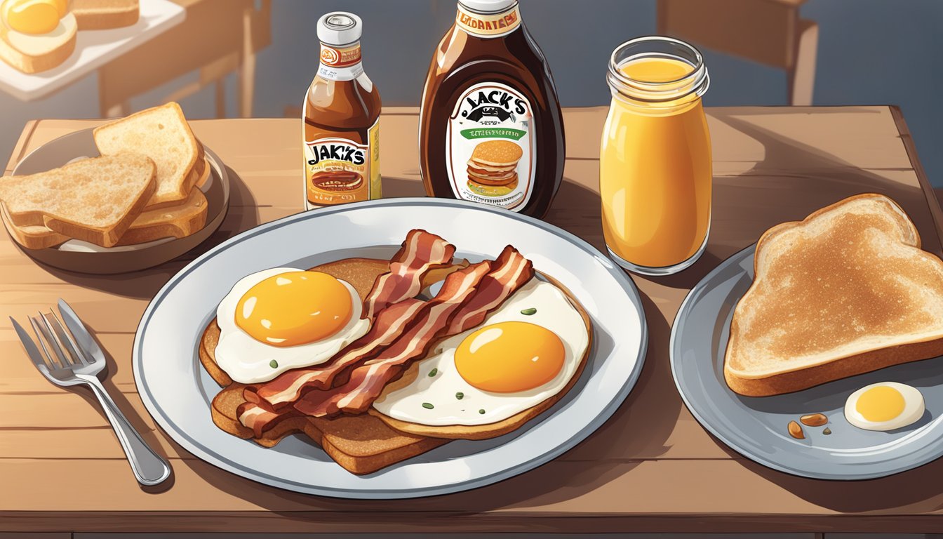 A sunny breakfast table with a bottle of Jack's Breakfast Sauce as the centerpiece, surrounded by a plate of eggs, bacon, and toast