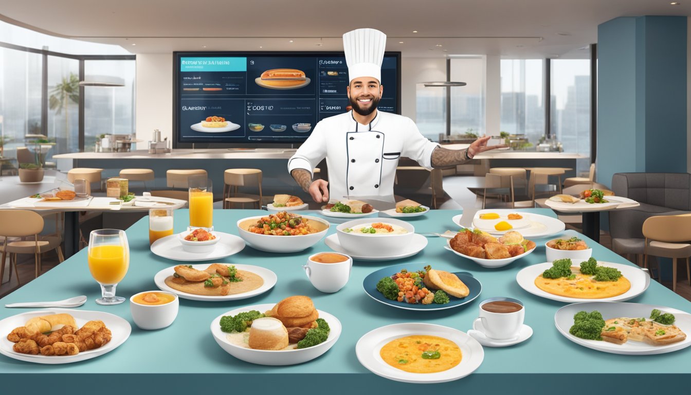 A chef presenting a variety of breakfast dishes on a modern, interactive dining table with digital screens displaying the evolution of Jack's menu