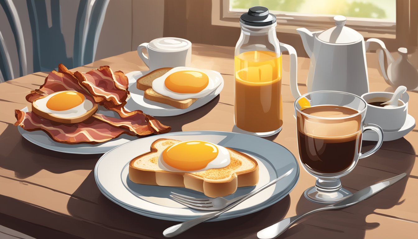 A sunny breakfast table with a bottle of Jack's Breakfast Sauce next to a plate of eggs, bacon, and toast. A steaming cup of coffee completes the scene