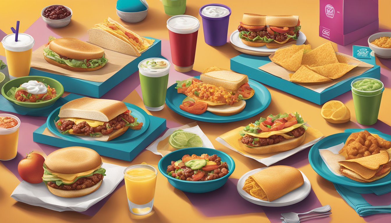 A vibrant breakfast spread featuring a variety of Jack in the Box menu items, from tacos to toast, showcasing the brand's legacy of innovation