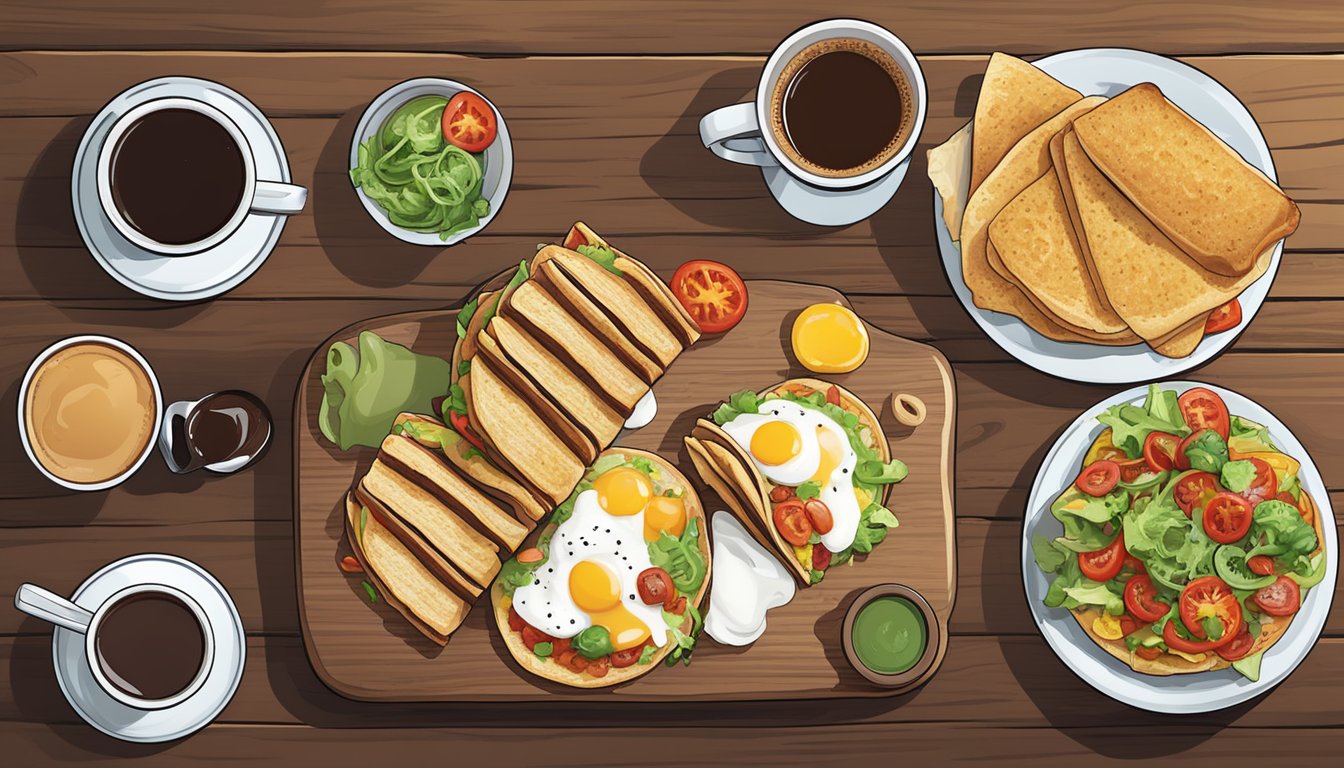 A colorful spread of breakfast tacos, toast, and various toppings arranged on a rustic wooden table, with a steaming cup of coffee on the side